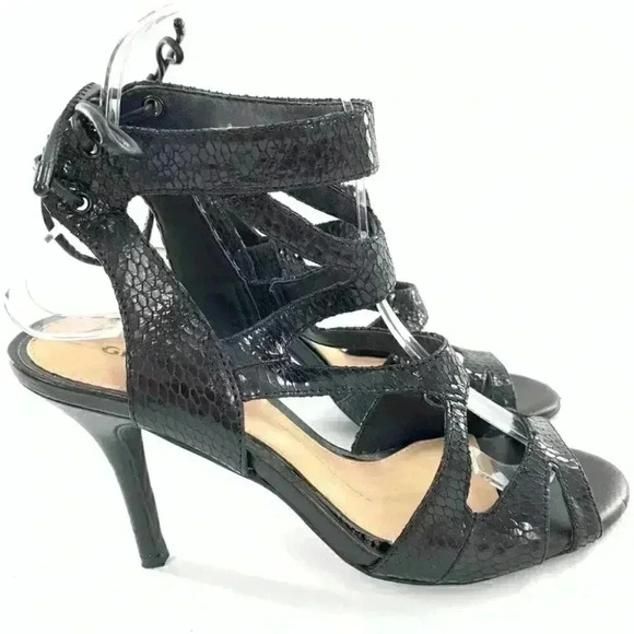 Gianni Bini heels size 6.5 black leather snakeskin embossed lace up party - Picture 1 of 12